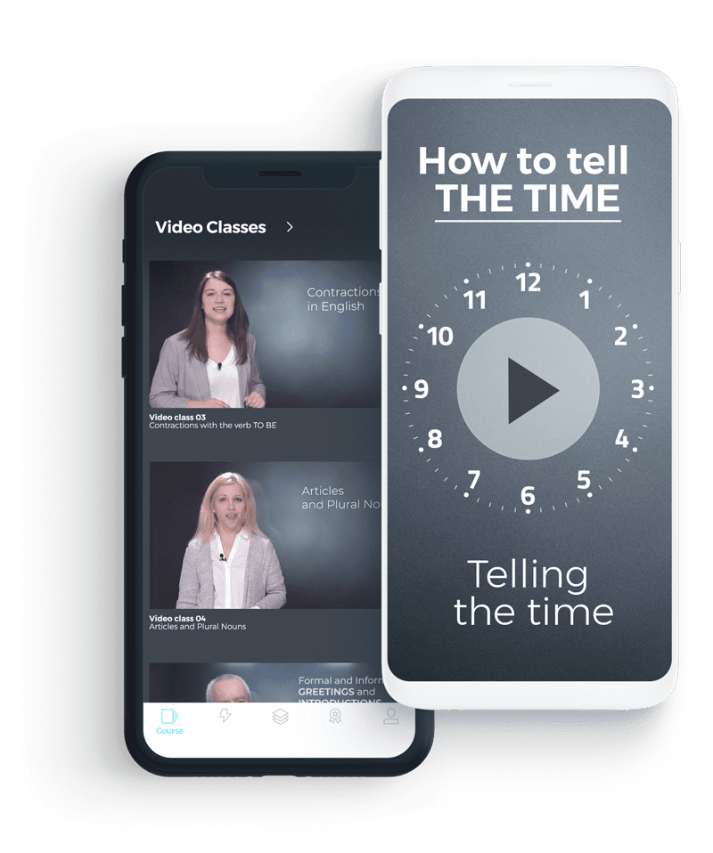 Grammar video lessons Example of the grammar video lessons in the ABA English intensive online English course using the app on a mobile phone.